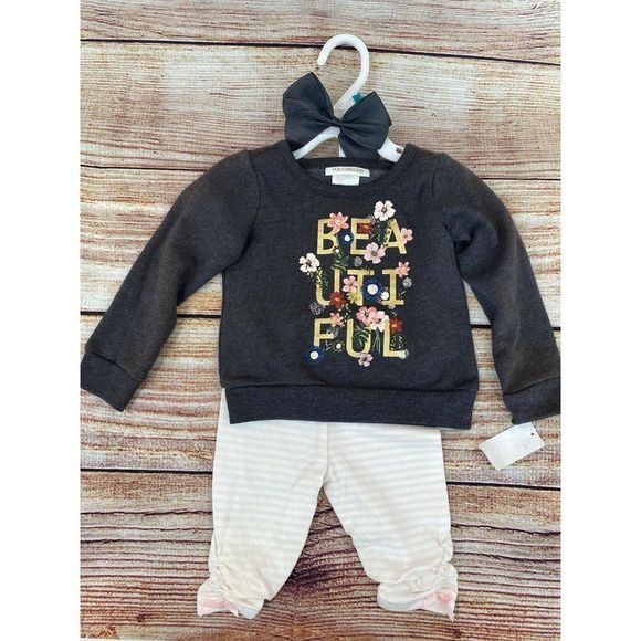 COPY - Toughskins Infant Girl 3 PC Set  Sweater Shirt Gray Leggings Hair Bow/ P… - Picture 4 of 10